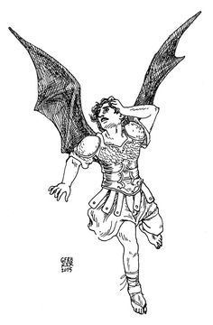 a black and white drawing of a man with wings