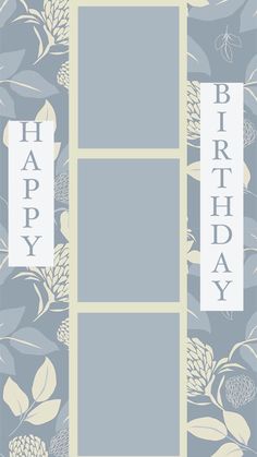 a happy birthday card with flowers and leaves on the front, in light blue tones