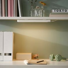 a shelf with some books and other items on it