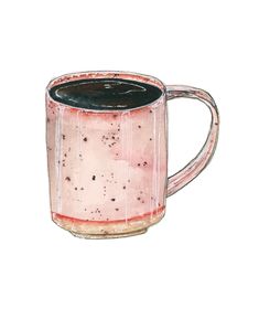 a drawing of a pink coffee mug with black liquid in the bottom and brown inside