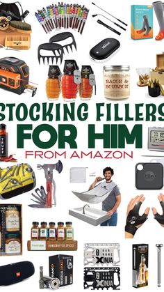 the cover of stocking fillers for him from amazon, with an image of various items