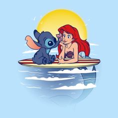 the little mermaid is sitting on her surfboard next to an adorable stitchy animal