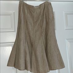 Beautiful 26” Lined Skirt, Taupe Color. Bottom Skirt Is Flared. Fitted Linen Mini Skirt, Beige Fitted Knee-length Pleated Skirt, Fitted Beige Bottoms With Pleated Hem, Fitted Beige Flared Skirt, Fitted Maxi Skirt With Pleated Hem For Summer, Beige Fitted Flared Skirt, Spring Fitted Linen Skirt, Fitted Casual Maxi Skirt With Pleated Hem, Fitted Beige Ruffled Skirt