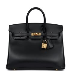 This Birkin is in Black box calf leather with gold hardware and has tonal stitching, front flap, two straps with center toggle closure, clochette with lock and two keys, and double rolled handles.The interior is lined with black chevre and has a zip pocket with an Hermes engraved zipper pull and an open pocket on the opposite side.Collection: UOrigin: FranceCondition: New and never worn (plastic on hardware) Accompanied by: Hermes box, Hermes dustbag, felt, clochette, lock, two keys, clochette dustbag, carebook and ribbonMeasurements: 10" width x 7.5" height x 4.75" depth; 2.75" handle drop Black Hermes Bag, Birken Bag Hermes, Black Birkin, Black Birkin Bag, Birken Bag, Expensive Bag, Hermes Birkin 25, Hermes Box, Handbag Wallet