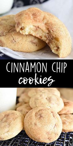 cinnamon chip cookies on a cooling rack with milk in the background and one cookie half eaten