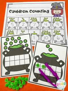 two pictures of green and black candies next to each other with the words cauldon counting on them