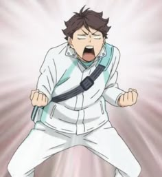 an anime character with his mouth open and hands in the air while wearing white pants