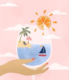 a hand holding an orange slice with a beach scene in the background and palm trees