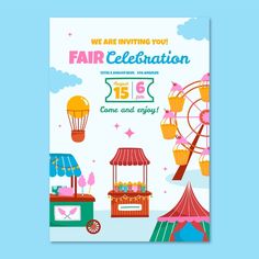 the fair celebration flyer is displayed on a blue background