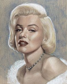 a drawing of a woman with blonde hair and pearls on her neck, wearing a fur collar