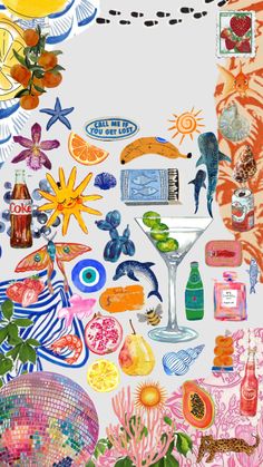 a collage of various items and colors on a white background, including oranges, lemons, watermelon, and other things