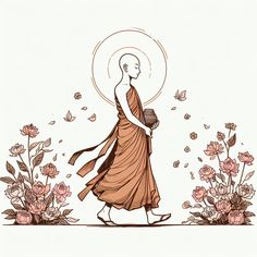 a drawing of a person walking in front of flowers