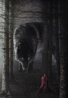 a wolf is walking through the woods in front of a person with green eyes and a red cloak