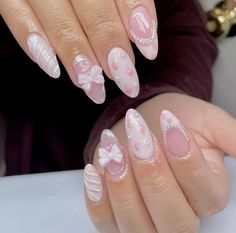 #coquette #nails #inspo #pink Almond Nails Designs Pink Sparkle, Creative Pink Nails, Babydoll Nails, Little Bo Peep Nails, Cute Pink Winter Nails, Coquette Nail Designs, Bo Peep Nails, Coquette Almond Nails, Dolly Nails