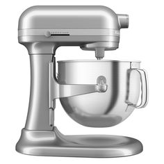 an image of a silver kitchen mixer on a white background with clippings to the side