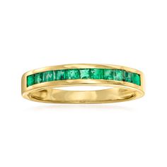 Ross-Simons - .50 ct. t. w. Emerald Ring in 14kt Yellow Gold. Size 6. This ring is the perfect choice for when you need a little color to brighten up your day. Here, .50 ct. t. w. emerald squares are channel-set in a band of polished 14kt yellow gold. 1/8" wide. Emerald ring. Emerald birthstones are the perfect gift for May birthdays. May Birthdays, Emerald Birthstone, May Birthday, Ring Emerald, Channel Set, Emerald Ring, Band Rings, Wedding Bands, Emerald