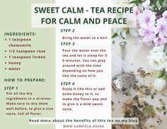 a recipe for calm and peace with flowers on the table next to tea spoons