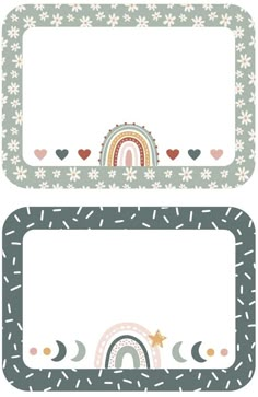 two rectangular frames with hearts, stars and a rainbow on the bottom one is blank for text