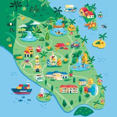 an illustrated map of the state of florida with all its attractions and parks, including buildings, boats, and trees