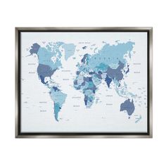 a blue and white world map with the countries on it's sides, framed in a metal frame