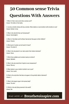 the text reads, 50 common sense trivia questions with answers on red and white background