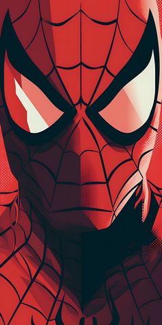 a close up of a spider - man face on a red background with white eyes