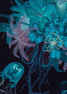 a painting of jellyfish and other sea creatures