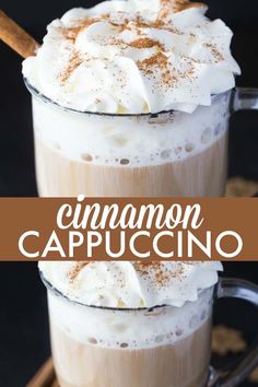 cinnamon cappuccino in a glass mug with whipped cream and cinnamon on top