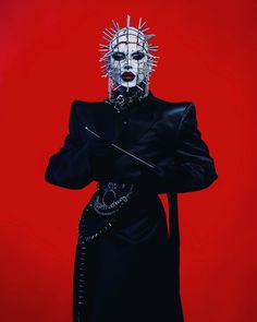 Drag Inspo Outfit, Hell Raiser Costume, Cenobite Fashion, Cenobite Costume, Hellraiser Makeup, Goth Costume Ideas, Pinhead Cosplay, Goth Drag Queen, Hellraiser Costume