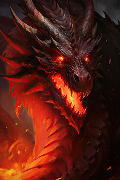 a close up of a dragon with red eyes and flames on its face in front of a dark background