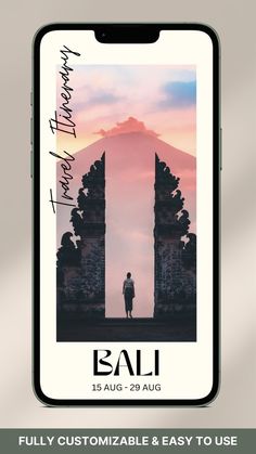 an iphone screen with the text bali on it and a photo of a man standing in front of a mountain