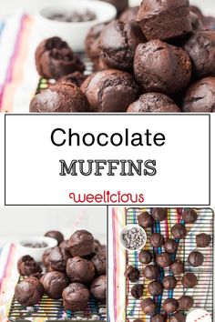 chocolate muffins are stacked on top of each other with the words, chocolate muffins