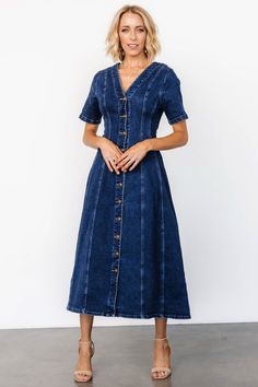 Oakley Button Denim Dress | Blue - Baltic Born Long Denim Dress, Cocktail Jumpsuit, Vintage Denim Dress, Dresses Occasion, Anchor Logo, Baltic Born, Aline Dress, Denim Material, Velvet Fashion