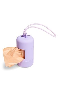 a purple bottle with a brown paper bag in it