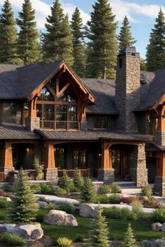 Large rustic cabin with wooden beams and stone pillars, surrounded by pine trees and landscaped garden. Colonial Mountain House, Contemporary Cabin Exterior, Mountain House Plans Big Windows, Mountain Homes Plans, Rustic House Exterior Farmhouse, Rustic House Floor Plans, Lodge Home Exterior, Rustic Mountain Home Exterior, Mountain Home Landscaping