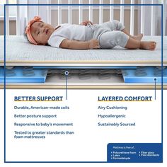 a baby laying on top of a mattress next to a crib with the words better support