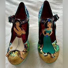 New In Box Bought Wrong Size. Just Tried Them On And They Went Right Back Into The Box. Really Pretty Shoes. Wish They Fit. Aladdin Jasmine, Irregular Choice Shoes, Aladdin And Jasmine, Irregular Choice, Disney Aladdin, Pretty Shoes, Aladdin, Purple Gold, Shoes Women Heels