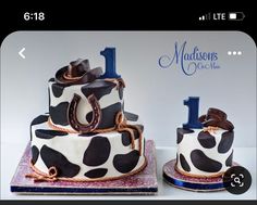 two tiered cake decorated with black and white cow print, one has the number 1 on it