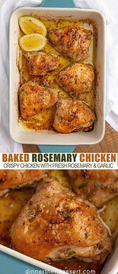 baked rosemary chicken in a casserole dish with fresh rosemary and garlic