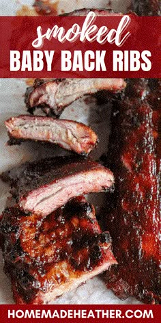 smoked baby back ribs with bbq sauce in the background and text overlay that reads smoked baby back ribs