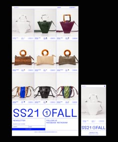 an advertisement for the ss2 fall 2012 handbag collection is shown in several different colors