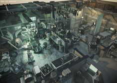 an overhead view of a factory with lots of machinery