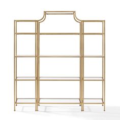 a gold bookcase with glass shelves on the top and bottom, against a white background