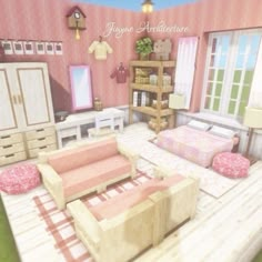 a living room filled with furniture and pink walls