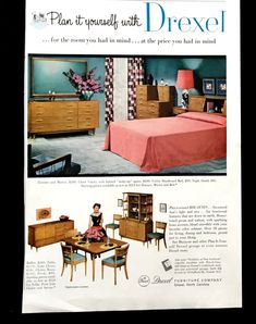 an advertisement for furniture from the 1950's shows a woman sitting at a table in front of a bed