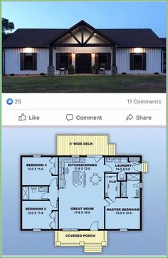 the floor plan for this ranch house is shown in two different colors and features an attached garage