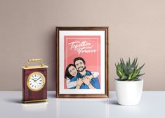 a couple is hugging in front of a clock on a table next to a potted plant