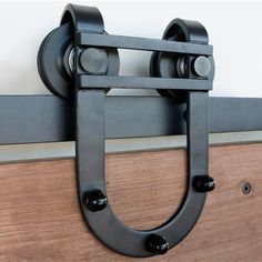 a pair of black handles on a wooden door