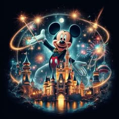 mickey mouse in front of a castle with fireworks