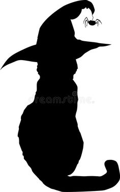 a black silhouette of a cat wearing a witches hat and holding a spider in its mouth